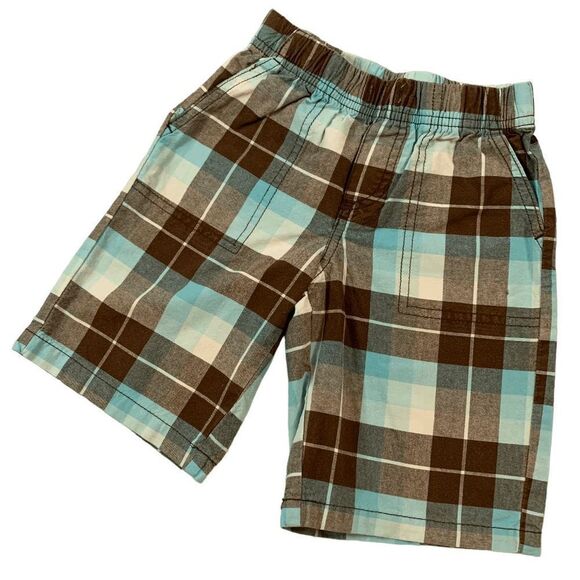 Circo Toddler Boys size 5T light blue white brown plaid pull on 7" long shorts - Picture 1 of 10